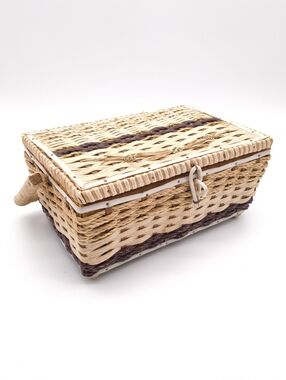 Vintage Wicker Sewing Basket Box Red Satin Tufted Lining Pincushion Lid